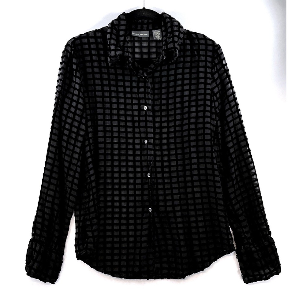 Banana Republic Sheer Burnout Grid Button Front Blouse Sz M Minimalist